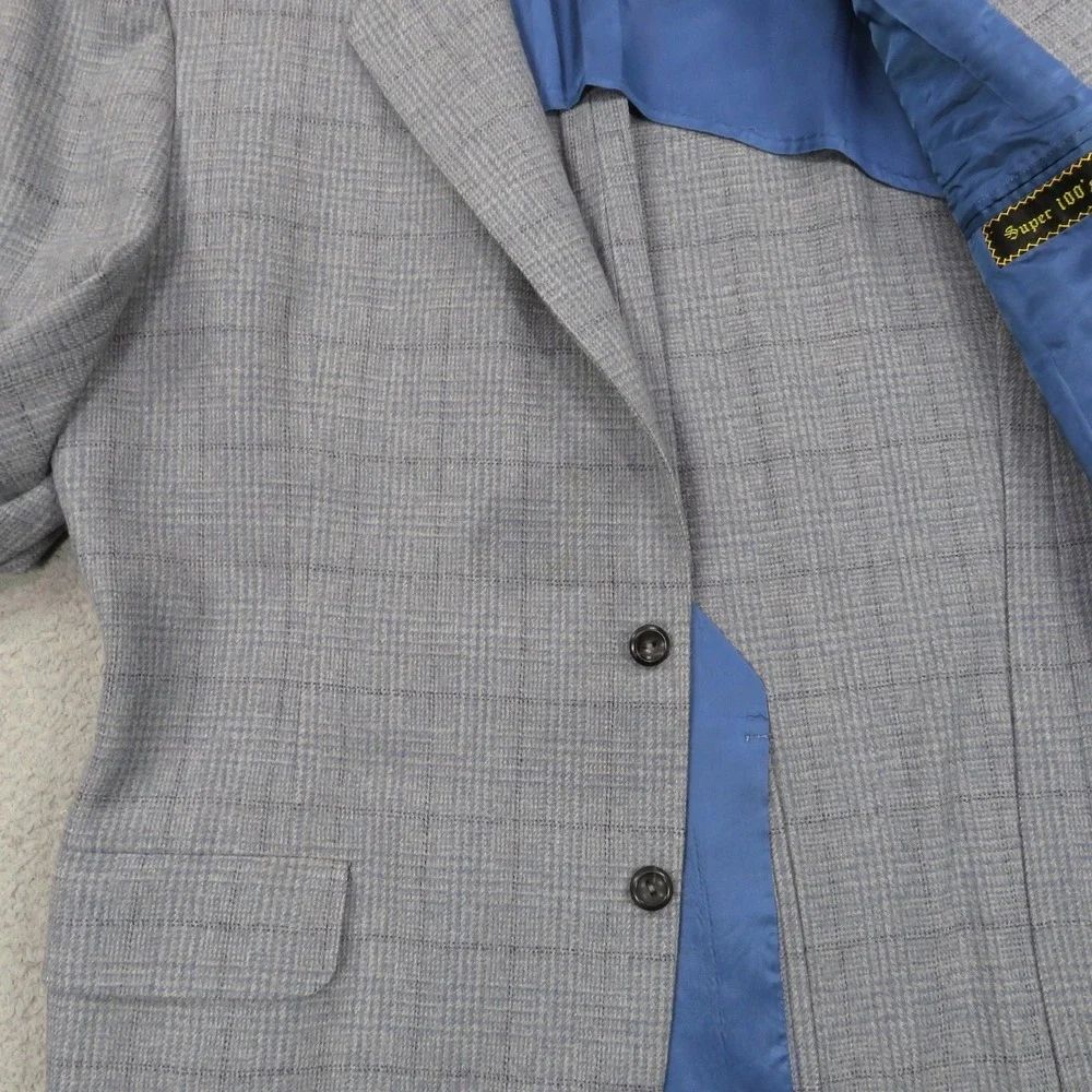 Oxxford Clothes Blazer 44L Super 100s Wool Windowpane Sport Coat Gray Mens